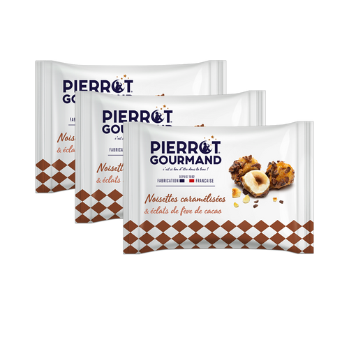 Lot de 3 sachets de noisettes caramélisées & éclats de fève de cacao - Pierrot Gourmand - 1